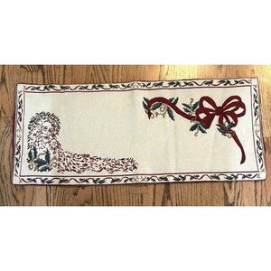 Christmas Table Runner Woven Tapestry Santa Holly Bow Gold Accents 30x13”